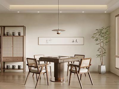 Hotel Mahjong Room Chinese Style with Wooden Table Chairs Pendant Light Calligraphy Painting Green Plant 3d model
