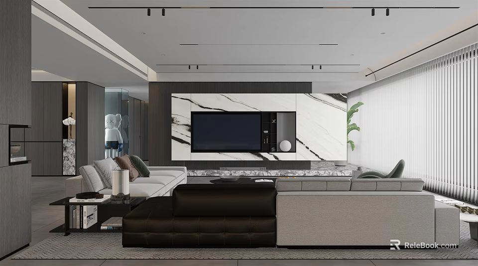 Modern Living Room Interior Design With Marble TV Wall Gray Dark Sofas And Green Plant 3d model 
