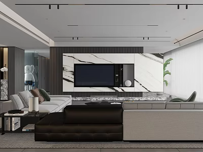Modern Living Room Interior Design With Marble TV Wall Gray Dark Sofas And Green Plant 3d model