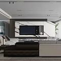 Modern Living Room Interior Design With Marble TV Wall Gray Dark Sofas And Green Plant