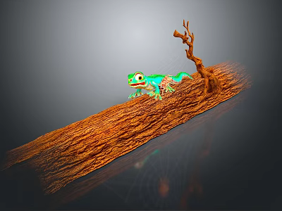 Vibrant Green And Blue Reptile Game Movie Character On Brown Branch With Small Twig 3d model