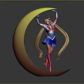 Colorful Game Character Standing On Yellow Moon With Long Blonde Hair Blue Skirt Red Boots