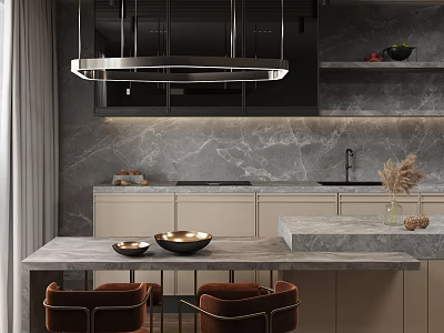 Stylish Dining Table Set With Grey Marble Countertop Brown Leather Chairs And Pendant Light 3d model
