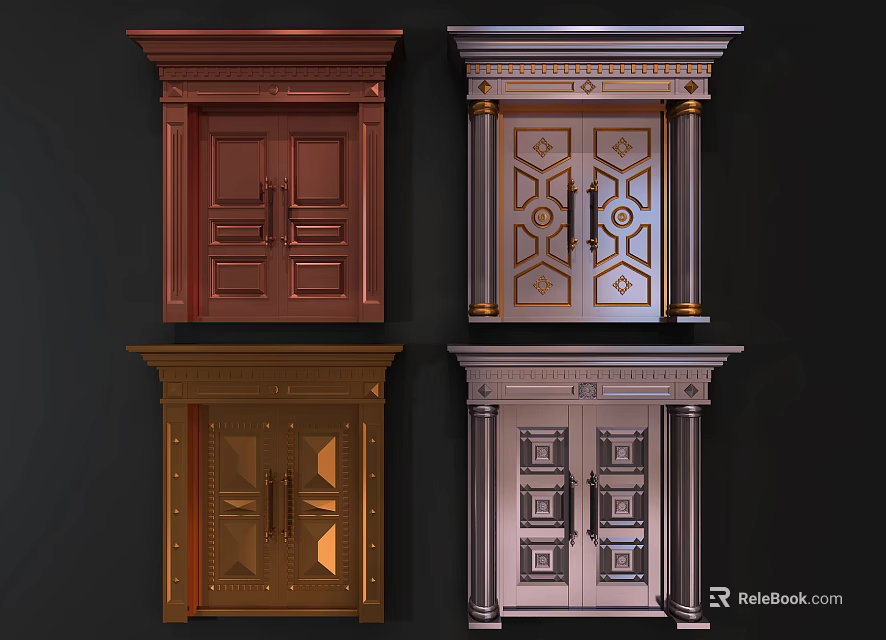Ornate Classic Entrance Doors With Intricate Carvings Decorative Panels And Metal Detailing 3d model 