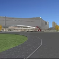 Modern Commercial Complex With Pink Purple Striped Curved Facade Featuring GUCCI Logo Trees People Cars
