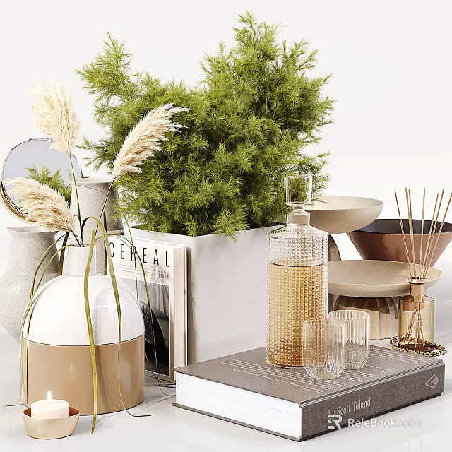 Stylish Decorative Ornament Set With Green Plants Vases Diffuser Sticks Books And Glass Cups 3d model 