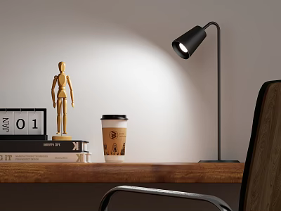 Black Desk Lamp Illuminating Wooden Desk With Mannequin Coffee Cup Books And Calendar 3d model