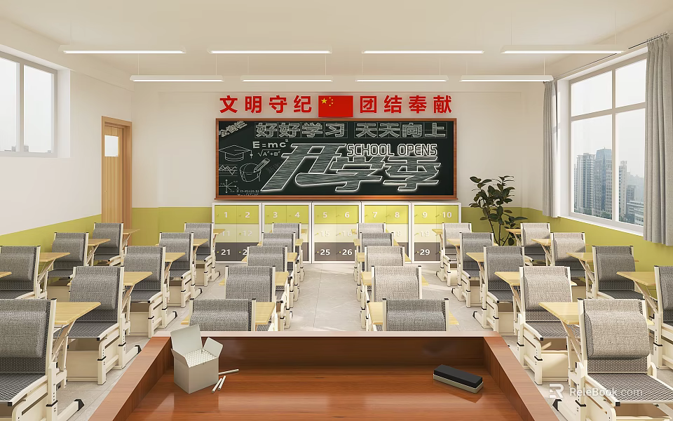 School Classroom With Tidy Desks Chairs And Motivational Slogans 3d model 