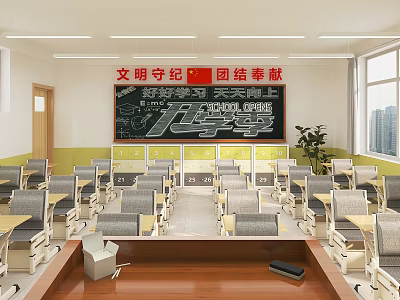 School Classroom With Tidy Desks Chairs And Motivational Slogans 3d model