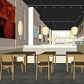 Modern Restaurant Interior With Hanging Lanterns Blue Bar Counter And Wooden Furniture