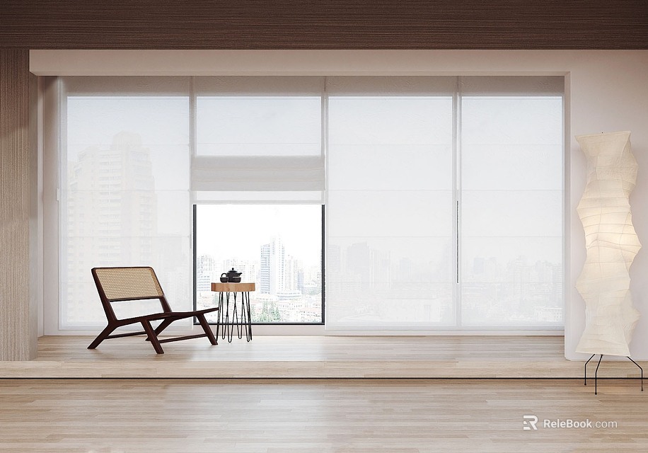 Roman Shades In Modern Minimalist Living Space With City View 3d model 