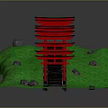 Red Torii Gates Arranged Along Green Grassy Slope With Stone Steps
