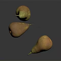 Three Yellow And Orange Speckled Pears On Black Smooth Surface With Reflections
