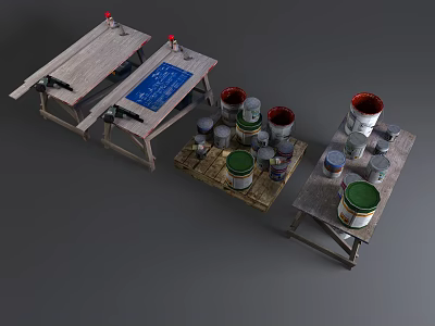 Wooden Work Tables With Colorful Paint Cans And Blue Cloth On Gray Background 3d model