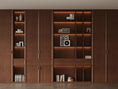 Modern Wooden Storage System With Built in Lighting And Decorative Items On Open Shelves 3d model