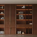 Modern Wooden Storage System With Built in Lighting And Decorative Items On Open Shelves