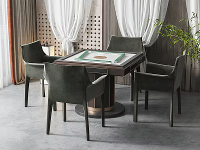 Elegant Entertainment Table with Four Chairs Wooden Top Metal Base Curtains and Plant 3d model