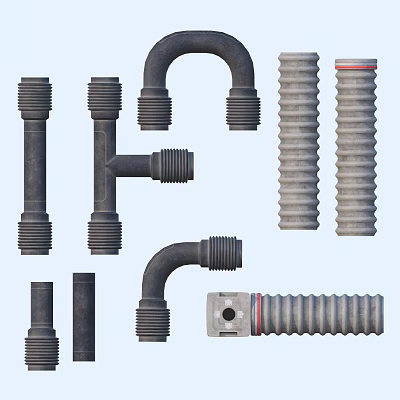 Durable Metal Pipe Fittings Including Threaded Elbows T Joints And Corrugated Tubes 3d model