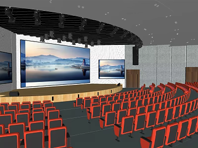 Spacious Modern Conference Room Interior With Red Seats Large Screens And Stage Lighting 3d model