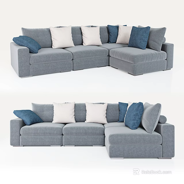 Modern Gray Sectional Sofa with Blue and White Decorative Pillows 3d model