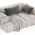 Modern Gray Plush Sofa Design With Checkered Pillows And Cozy Blanket 3d model