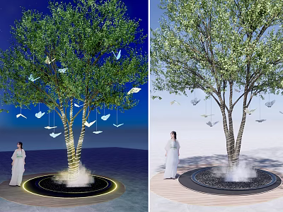 Arbor Tree With Illuminated Base Hanging Butterfly Decorations And Woman In White Dress 3d model