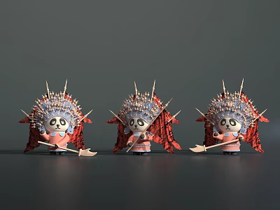 Three Reptile Cartoon Figures With Spiked Headdresses Holding Tools And Red Capes 3d model