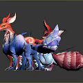 Colorful Fox And Dragon Like Fantasy Game Movie Character Models In Red White Pink Blue