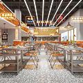 Restaurant Interior Design With Metal Tables Chairs Pendant Lights Decorative Signs And Terrazzo Floor