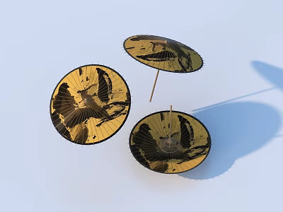 Traditional Handmade Yellow Fans With Black Bird Patterns And Bamboo Frames 3d model