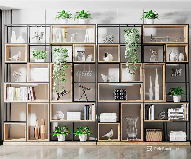 Modern Wood And Metal Bookcase With Open Shelves Books Green Plants Decorative Items 3d model 