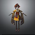 Child In Orange Brown Red Traditional Outfit With Floral Hair Bow Patterned Robe Shoes Socks