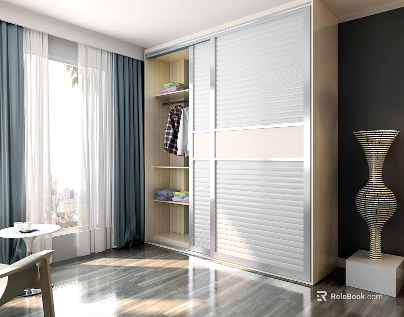 Modern Wardrobe With Sliding Doors Open Shelves Folded Clothes In Bright Room With Wooden Floor 3d model 