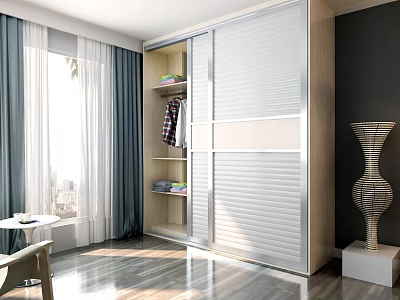 Modern Wardrobe With Sliding Doors Open Shelves Folded Clothes In Bright Room With Wooden Floor 3d model