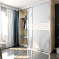 Modern Wardrobe With Sliding Doors Open Shelves Folded Clothes In Bright Room With Wooden Floor