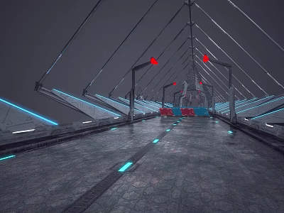 Modern Futuristic Bridge With Blue Lights Red Structures Gray Pavement And Geometric Frames 3d model