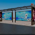 Outdoor Bus Shelter With Transparent Canopy Advertising Billboards Large Screens And Blue Wave Displays