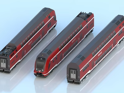Three Red Modern Trams Showcasing Sleek Exterior Designs 3d model
