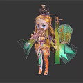Cute Oriental Fantasy Creature With Golden Long Hair Blue Eyes Green Wings Holding Lantern