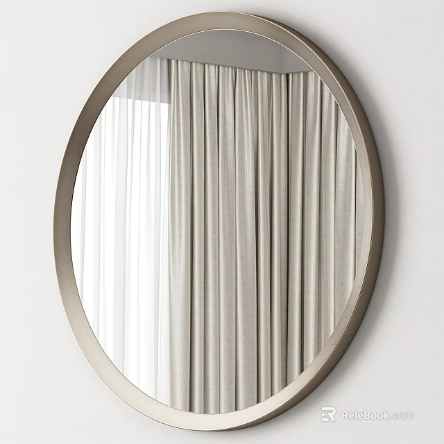 Stylish Round Mirror With Metal Frame Reflecting Curtains On White Wall 3d model