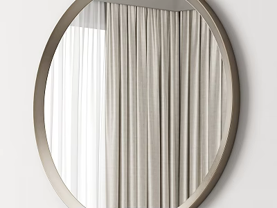 Stylish Round Mirror With Metal Frame Reflecting Curtains On White Wall 3d model