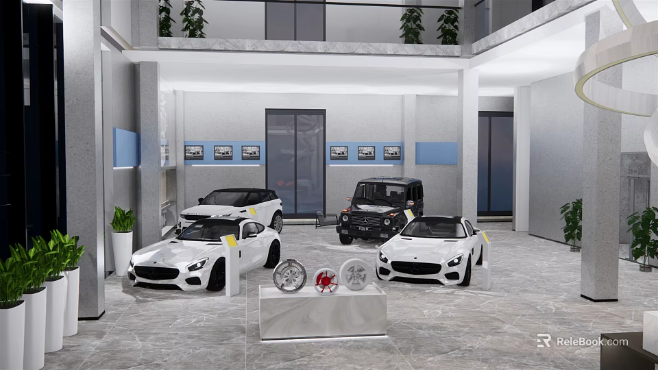 Bright Modern Auto Showroom Featuring Multiple Cars SUVs And Wheel Displays 3d model 