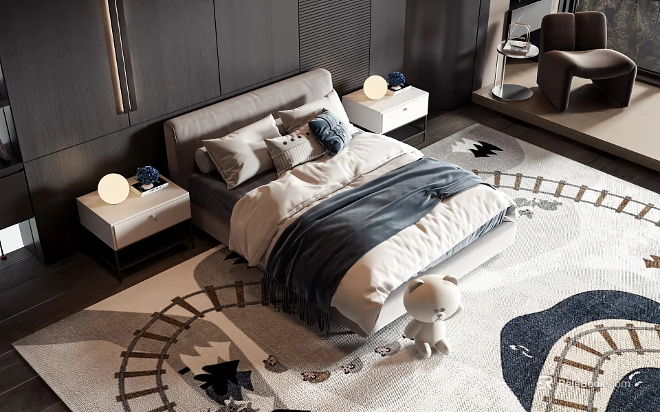 Modern Kids Bed with Gray White Bedding Pillows Nightstands and Train Track Rug Teddy Bear 3d model 