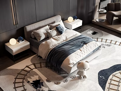 Modern Kids Bed with Gray White Bedding Pillows Nightstands and Train Track Rug Teddy Bear 3d model
