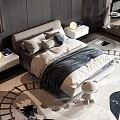 Modern Kids Bed with Gray White Bedding Pillows Nightstands and Train Track Rug Teddy Bear