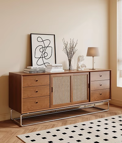 Modern Solid Wood Rattan Sideboard Cabinet With Multiple Storage Drawers For Cozy Home Entryway Decor 3d model