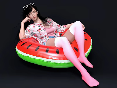 Woman Relaxing On Watermelon Inflatable Ring Wearing Pink Thigh High Socks And Floral Print Top 3d model