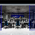 Modern Public Office Space With Open Layout Workstations Blue Ergonomic Chairs And Mesh Partitions 3d model