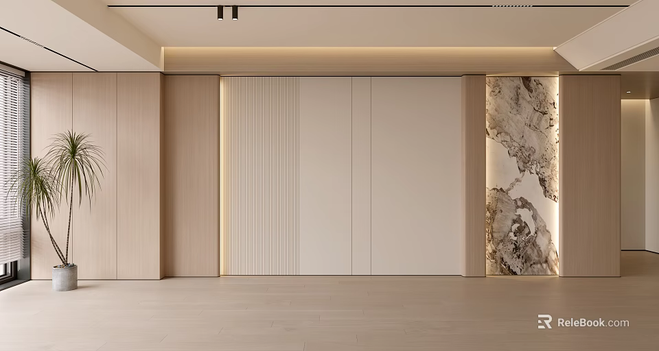 Modern Minimalist Background Wall With Light Wood Panels Vertical Stripes Marble Texture And Lighting Strips 3d model 