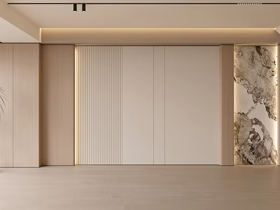 Modern Minimalist Background Wall With Light Wood Panels Vertical Stripes Marble Texture And Lighting Strips 3d model